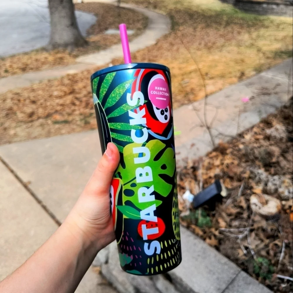 Starbucks Palm Leaf Tropical Fruit 24oz Stainless Steel Tumbler with Pink Straw